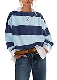 Nirovien Striped Long Sleeve Shirt Women Oversized Crewneck Sweatshirt Women Casual Color Block Pullover Top(Blue Combo,L)
