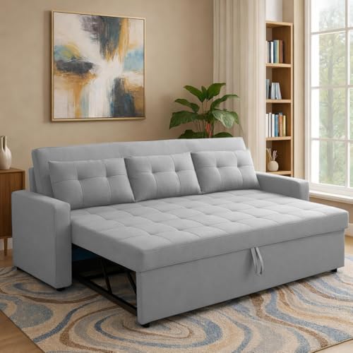 Image of Casaliving Treshta 3 Seater Pull-Out Premium Fabric Sofa Cum Bed Sofa Set for Living Room (Grey Fabric Color) Premium Fabric Sofa Set for Living Room Sofa Cum Bed