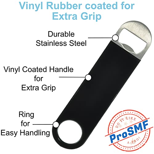 Prosmf Flat Bottle Opener - Bottle Opener For Bartender - Beer Bottle Opener - Stainless Steel - Heavy Duty - Vinyl Rubber Coated Handle - Black - 3 Pack - 2 Large & 1 Mini #TOP4
