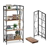 Borzer Folding Bookshelf 4 Tier Wooden Bookcase with Metal Frames No Assembly Storage Shelves Stand Book Rack Organizer for Home Office Study 49.2-inch (Brown)