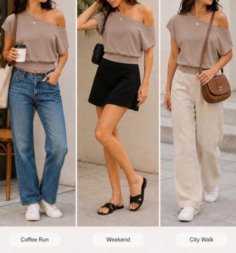 Image of SOFIA'S CHOICE Women's Off The Shoulder T Shirt Crop Top Casual Summer Dolman Sleeve Asymmetrical Cinched Waist Tops