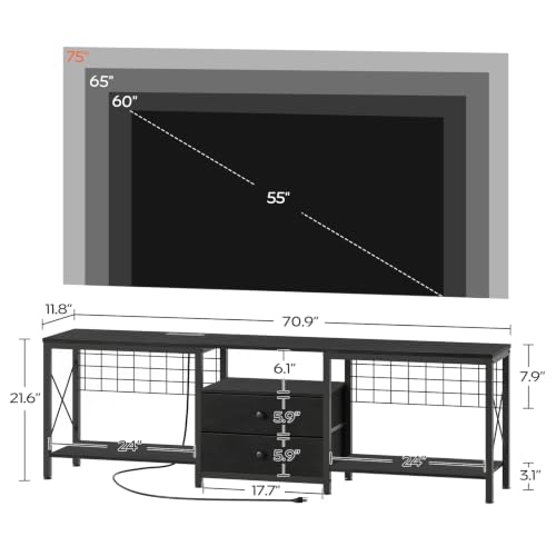 Image of YATINEY TV Stand with Power Outlet Up to 75 Inch, Entertainment Center with 2 Fabric Drawers, TV Console Table with Open Storage Shelves for TVs, Cable Management, for Living Room, Bedroom, DS18UBBY1