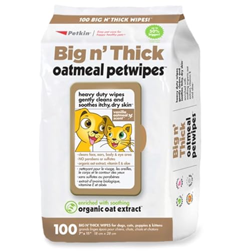 Petkin Pet Wipes for Dogs and Cats Oatmeal 100 Wipes (Large) for Dogs and Cats - Soothes Itchy Dry Skin and Cleans Ears Face Butt Body and Eye Area - Idea for Home and Travel