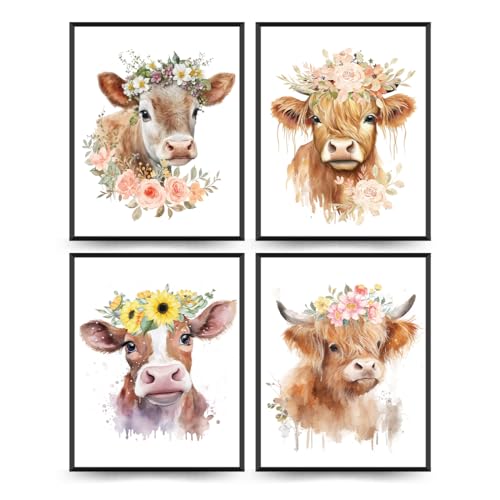 Image of ETVISO Highland Cow Wall Art Prints Set of 4, Cows Pictures Wall Decor for Western & Highland Cow Lovers, Nursery Decor, Baby Shower Decorations 8x10 (Unframed)