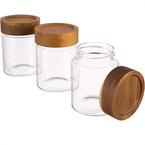 Dosenritter | 3X Vorratsglas/Glasbehälter aus Borosilikatglas mit luftdichtem Schraubverschluss, Gewürzgläser Set mit Holzdeckel aus Akazie | 11.2 x 8cm [H,ø] - (3 x 350 ML (klein)) Cover