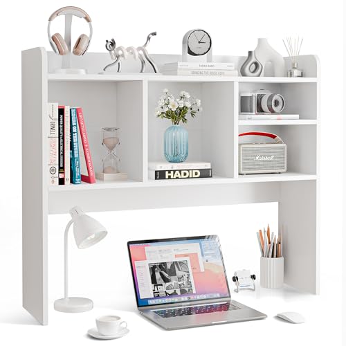 Nova Microdermabrasion Wooden Desktop Bookshelf with 6 Shelves–3-Tier Desk Organizer Hutch for Computer Desk, Home or Office (White)