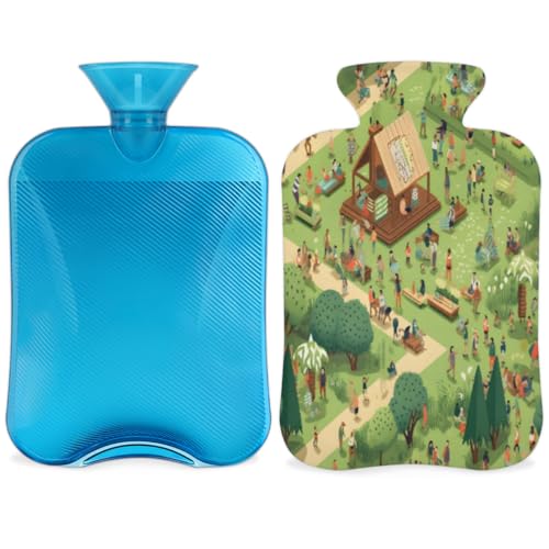 Hot Water Bottle with Soft Cover,2L Modern City Hot Water Bag for Hot and Cold Compress, Hand Feet Warmer, Graffiti City Rubber Hot or Cold Water Bottle Halloween Christmas Decorations