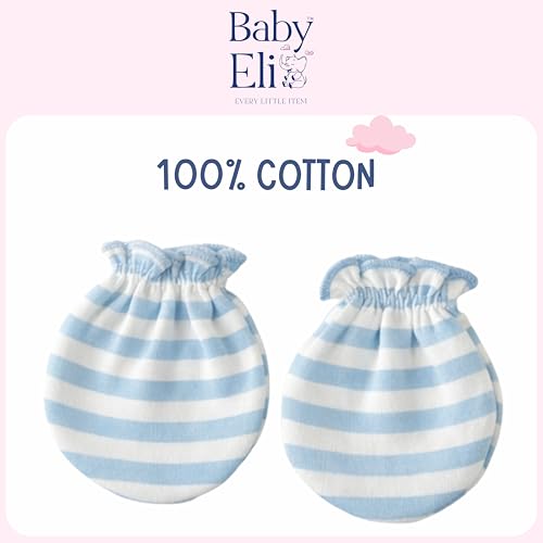 Image of Baby Eli Cotton Newborn Mittens (Picot Wrist) Set of 6 for Baby Boys & Girls 0-6 Months | Soft and Cozy Unisex Infant Gloves | Assorted Baby Hand Gloves | Adjustable Scratch Protection
