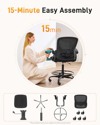 Image of LukkDys Drafting Chair with 4D Multi-Adjustable Backrest, Tall Office Chair 19.7 inch-27.6 inch Seat Height, Ergonomic Standing Desk Chair with Flip-up Arms, Foot Ring, Black