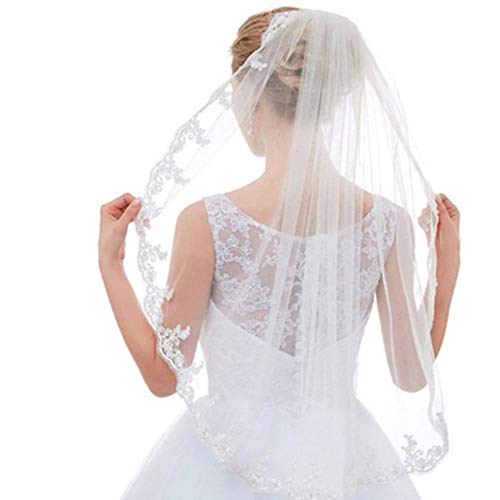 Beautyflier Bridal Veil Fingertip Length 1 Tier Floral Embroider Lace Edge Wedding Veil with Comb (0.9M)