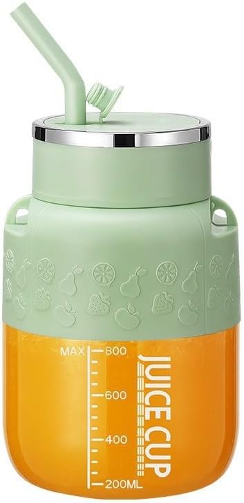 Portable Electric Juicer with 800ml Capacity, Mint Green Glass Container, Fruit Pattern Design, Measurement Scale