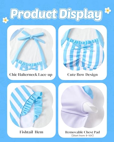 Image of Mioglrie Kids Girls Swimsuit One Piece Bathing Suits Girls' Swimwear 7-14Y | Halter Neck Swimsuits,Striped Design,Ruffle Design,Built‑in Chest Pads,1 Piece Swimwear for Beach,Summer Party