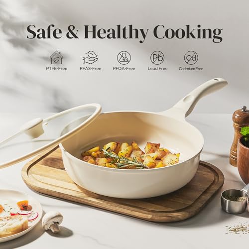 Image of Redchef Nonstick Deep Frying Pan with Lid, Ceramic Saute Pan Skillet, PFOA PFOS Free, Induction Compatible, Stay-Cool Helper Handle, Tempered Glass Cover, Dishwasher Safe, Beige (3.7Qt, 10 inch)
