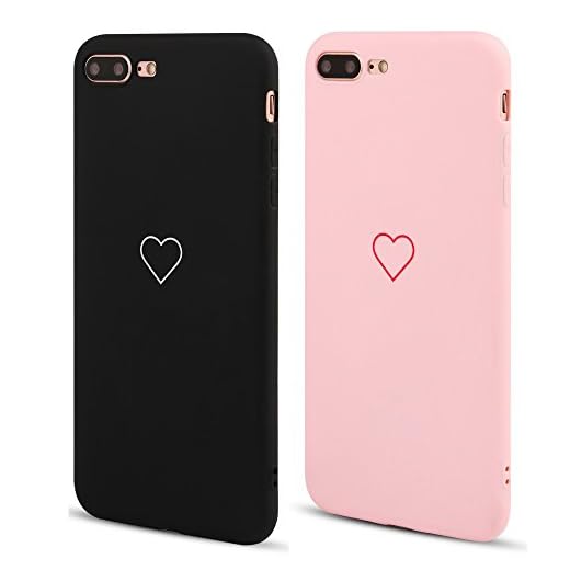 LAPOPNUT Coque iPhone 7 Plus iPhone 8 Plus [2 Pièce] Silicone en Gel TPU Souple Slim Mignon Amour-Coeur Forme Mat Antichoc Bumper Housse Étui de Protection pour Apple iPhone 8 Plus/7 Plus, Rose&Noir