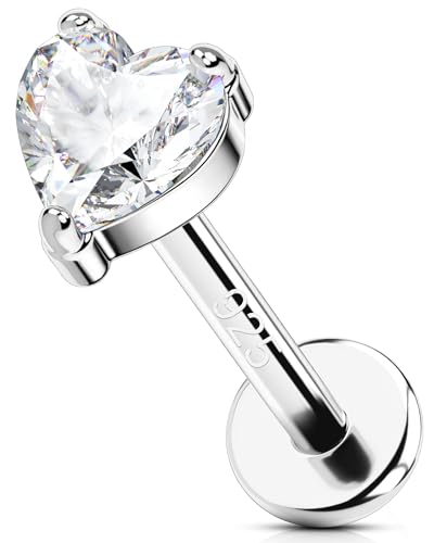 OUFER 16G Cuore Orecchini Helix Argento 925 Filettato Interno Piercing Trago Uomo Transparent CZ Conch Lobe per Donne 8 mm Lip Stud