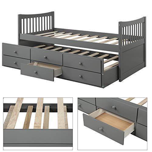 Rhomtree Storage Twin Daybed with Trundle and 3 Storage Drawers Platform Bed Frame with Headboard Footboard Kids Bed (Grey) - Thumbnail 3