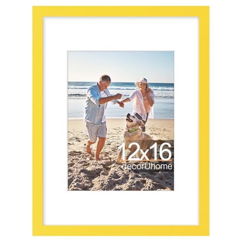 decorUhome 12x16 Picture Frame, Display 8.5x11 Certificate with Mat or 12x16 Poster without Mat, Wall Mounting Photo Frame, Yellow, 1 Pack