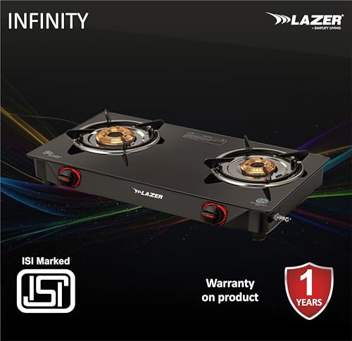 Image of Lazer Infinity Slim Toughened Glass ISI Certified, Brass Manual gnition Stove Ergonomic Knob with 1 Year Warranty Pan India Service (Black)