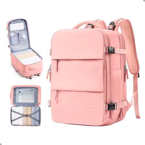 Mochila de Viagem Grande com Compartimento para Sapatos – Impermeável, Espaçosa e Resistente | Mochila Escolar, Camping, Trilha, Avião, Weekend, Estudante, Trabalho e Turismo - Cor Cinza (Rosa)