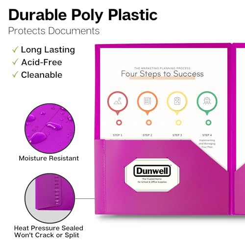 Dunwell Plastic 2-Pocket Folders (6 Pack, Assorted Colors), 8.5x11 Document Folders for School and Office, Heavy Duty Poly, Long Lasting, Includes Labels