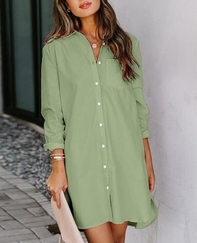 Image of Aoudery Womens Button Down Shirt Dresses with Pockets Cotton Button Up Tunics Long Sleeve Solid High Low Blouse Tops-Olive Green-L