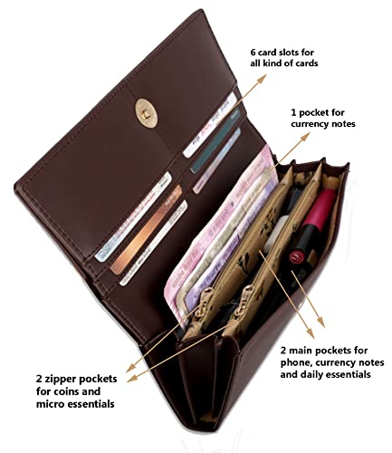 Image of ALSU Women's Hand Wallet Purse Clutch | Phone Pocket | Coin Compartment | Credit Card Slots| Zipper Pocket| Office use| Casual use| Faux Leather (Brown)