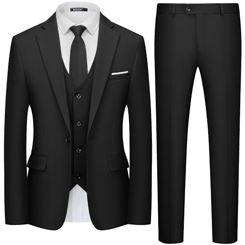 WULFUL Men\'s 3 Piece Slim Fit Suit Set One Button Blazer Jacket Pants Tuxedo Set Black