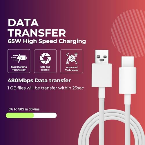 Image of AINE 80W USB-C Flash Charge Data Sync Cable For Vivo V30 /V29 /V28 /V27 /V25 /V23E /V23 Pro /V21 5G / iQOO Neo 9 Pro /12 5G /Neo 7 Pro /Z7 /Z7S /Z6 Lite|120W Supported | Original Flash Charging Speed,1M