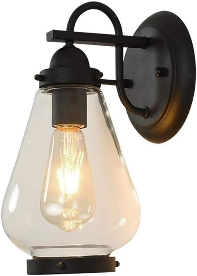 ファームハウスインダストリアルウォールスコンスアンティークブラックメタルライトフィクスチャークリアガラス付きポーチとガーデン屋外防水