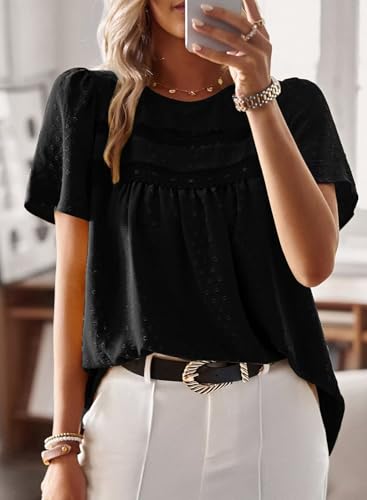 Image of Falechay Womens Summer Tops Crewneck Short Sleeve Shirts Casual Chiffon Blouses Flowy Lace Hem Boho Clothing Trendy 2026
