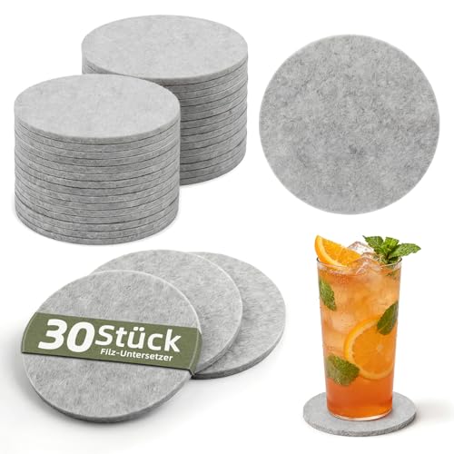 HELIMIAO Filz Untersetzer Gläser Rund, 5mm Extra Dicke Glasuntersetzer für Getränke, Waschbar Tischuntersetzer, Platzsets für Bar, Tassen, Vasen, Hellgrau 30 Stück