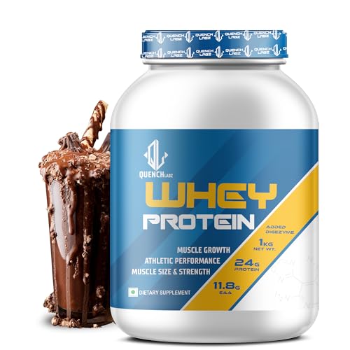 Image of QUENCHLABZ Whey Protein Powder - 1KG Chocolate | 24g Protein, 11.8g EAA, Added Digezyme | Supports Muscle Growth, Recovery & Performance | Best Whey Protein for Weight Loss & Lean Muscle Mass