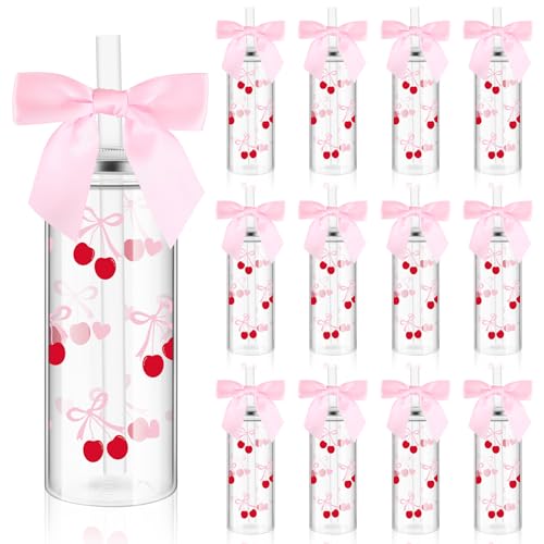 Skylety 24 Pcs Pink Bow Plastic Bottle with Straw Lid and Twist Bow Disposable Coquette Cherry Bow Bottles Cute Inspired Retro Reusable Bottles for Birthday Party Friend Women Drinkware