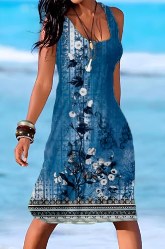 Image of Camisunny Women Casual Loose Tank Dresses Sleeveless Beach Vacation Dress Swing Pleated U Neck Fashion Soft