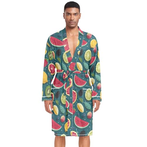 Men’s Robe Sliced Fruit Print, Long Sleeve Bathrobe for Sleep Shower-M