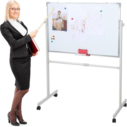 Rolling Whiteboard with Stand, 90x60cm Mobile Magnetic Dry Erase Board on Wheels, Adjustable Height&Angle, Portable Whiteboard for Office, Classroom, Home - Includes 5 Markers, 12 Magnets & Eraser​