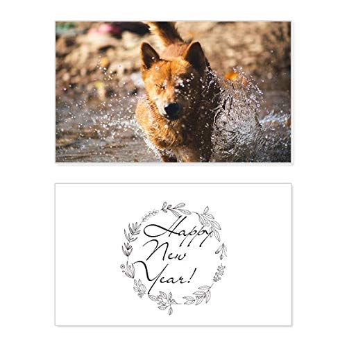 Tarjeta de felicitación de Año Nuevo con foto de perro japonés para sorprender a tu familia