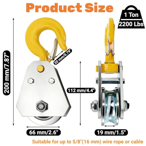 SOUJOY 2 Pack Pulley Hook, 1Ton/2200 LBS Heavy Duty Steel Snatch Block with Hook for 5/8\" Wire Rope, Double Bearing 360 Degree Swivel Lifting Block, Hoist Pulley System for Towing - Thumbnail 2