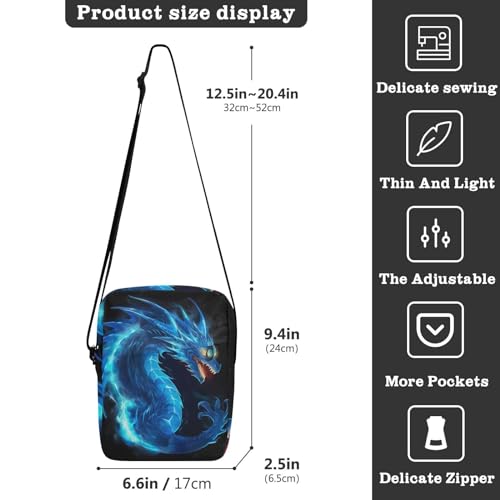 Crossbody Bag Blue Fire Flame Dragon Messenger Bag for Women Men Purse Shoulder Bag Satchel Bag with Adjustable Strap 214B52933