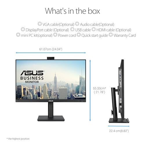 ASUS Business BE279QFK Moniteur Full HD 27 ", 16:9, 100 Hz, 1920 x 1080, EPEAT Gold, Ergonomique, Pivot, Webcam, Microphone, DP, HDMI, D-Sub - sans Cadre, Fixation Mini PC, Haut-Parleur