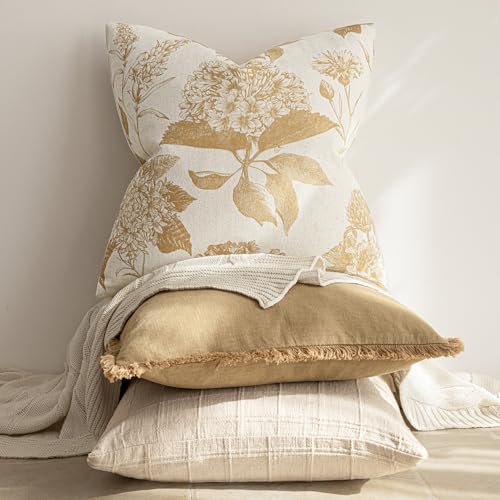 Image of Foindtower Set of 2 Linen Floral Vintage Throw Pillow Covers Neutral Accent Print Decorative Cozy Cushion Covers Farmhouse Home Decor for Sofa Chair Couch Bed Living Room,18x18 Inch,Light Yellow