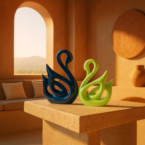 Image of SRJANA Lucky Swan Couple Piano Finish Ceramic Figures for Home Decor (Set of 2 Pc, Large, Navy Blue & Parrot)