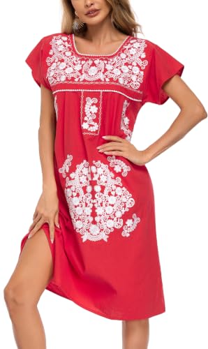 Image of YZXDORWJ Women Mexican Embroidered Long Dress Ruffle Collar Maxi Boho Floral Summer Short Sleeve