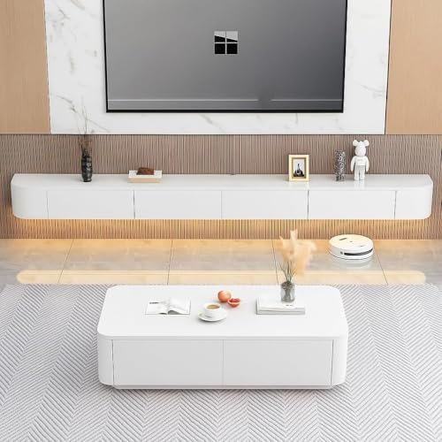 Image of Floating TV Stand Wall Mounted - Wall Entertainment Center with Flip-Down Doors & Drawers, Modern Hanging TV Shelf for Living Room, Media Console for 65 /75 80 Inch TVs (White - B, 63IN /160CM)