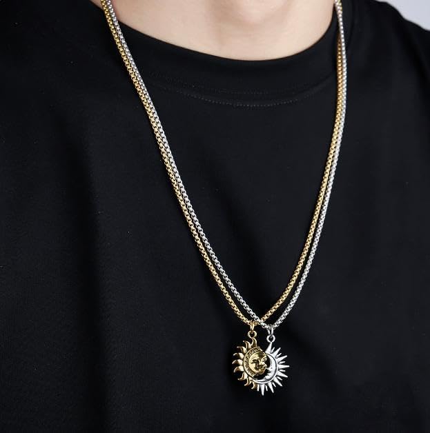 Sun and Moon Matching Necklace for Couple Asymmetric Sun Moon Dangle Hoop Earrings for Women Vintage Couple Half Moon Sun Pendant Necklace Jewelry for Men3