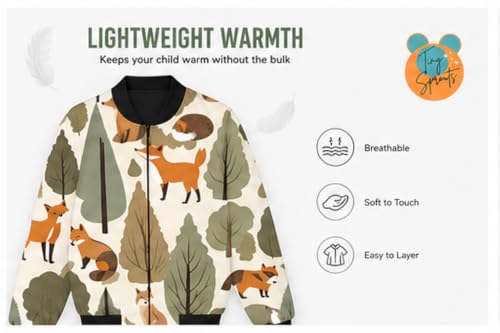 Image of Tiny Sprouts Kids Jacket | JungleFox Theme | Warm Quilted Fleece | Unisex | Ages 5-14