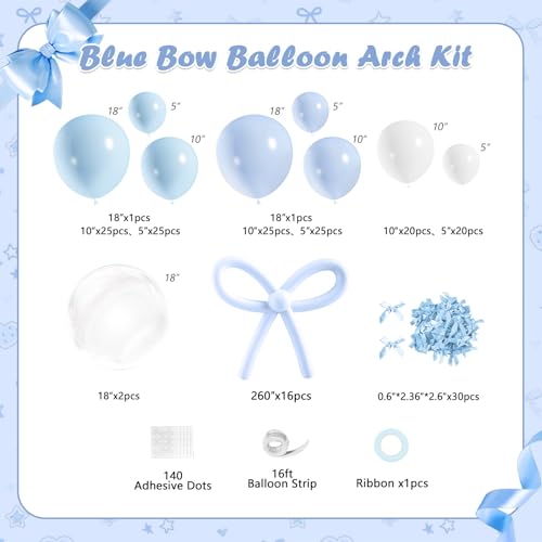 Image of Blue and White Balloon Arch Kit, JOGAMS 199Pcs Bow Balloon Arch Kit with 260 Clear Balloons Blue Ribbon for Blue Bow Birthday Decorations Bachelorette Baby Shower Bridal Shower Wedding