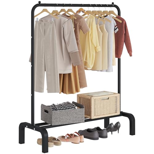 JIUYOTREE Standard Clothes Clothing Garment Rack with Storage Shelves Clothes Organizer for Hanging Clothes Coat Jacket Shirt Sweater Jeans Black