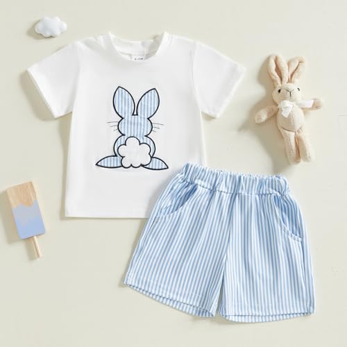 Image of Toddler Baby Boy Easter Rabbit Outfit Short Sleeve Bunny Carrot Smocked T-shirt Elastic Waist Shorts Summer Clothes
