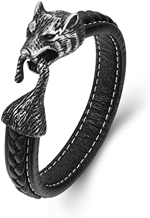 PiercingJak Mens Stainless Steel Wolf Head Viking Bracelet Vintage Wolf Head Gothic Bracelet Black Genuine Leather Braided Bracelet Wristband